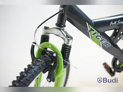 (NEW) Tiger bicycle, full-suspension MTB, 20-inch wheels, 10-inch frame, black/green