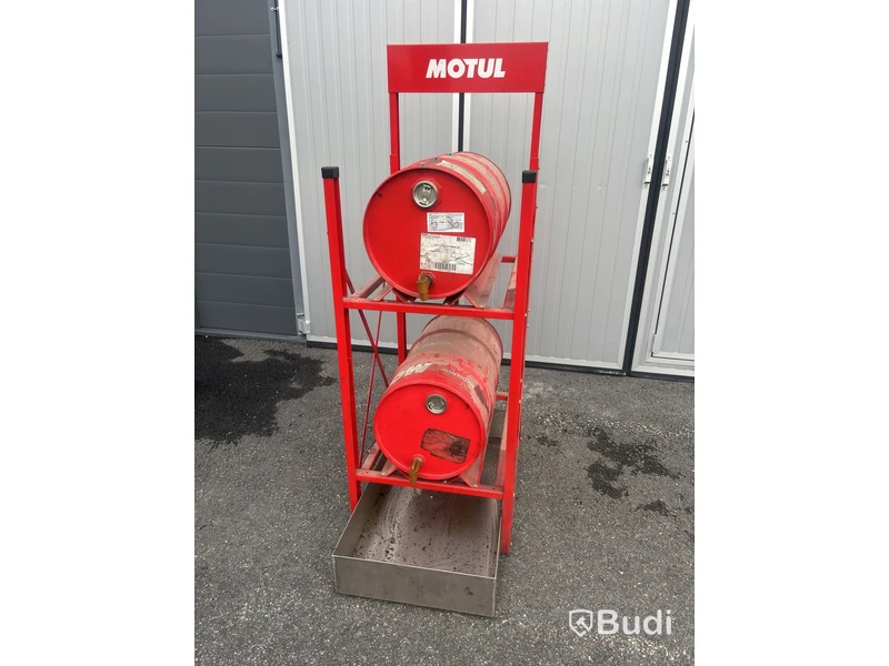 Fatställ Motul, två fat och uppsamlingskärl