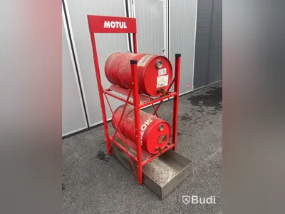 Fatställ Motul, två fat och uppsamlingskärl