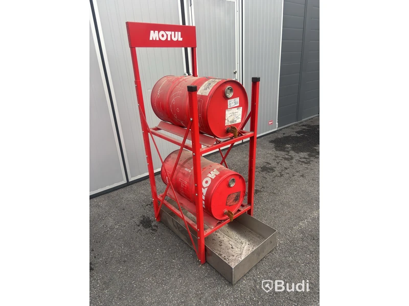 Fatställ Motul, två fat och uppsamlingskärl