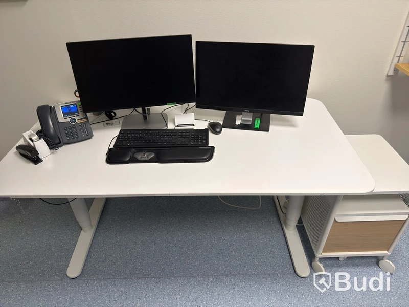 Height-adjustable desk, office chair and drawer unit