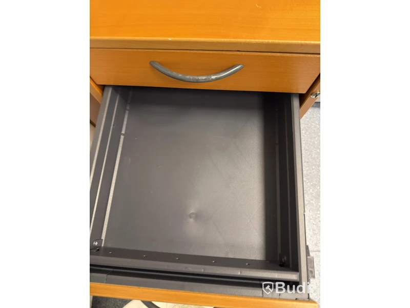 Height-adjustable desk with chair and drawer unit