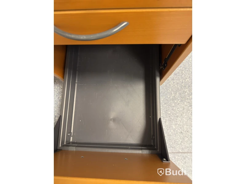 Height-adjustable desk with chair and drawer unit