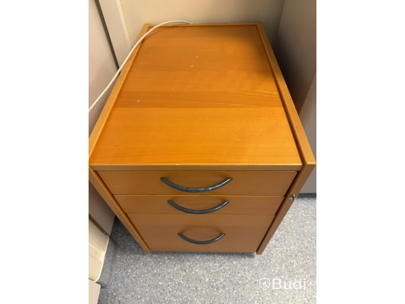 Height-adjustable desk with chair and drawer unit
