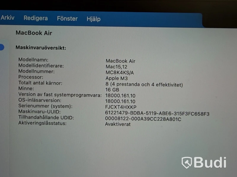 Laptop Apple MacBook Air, M3, 16 GB RAM, 256 GB SSD