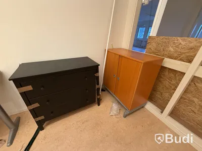 Assorted office furniture including a desk and storage units