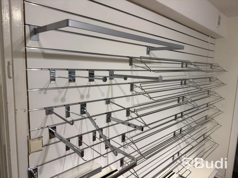 Lot of slatwall panels with assorted accessories
