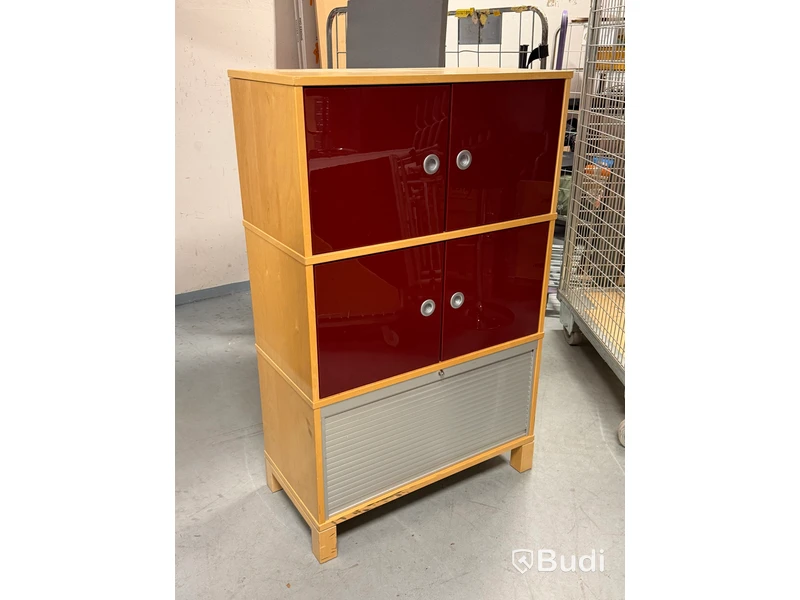 IKEA cabinet with red doors and tambour-door compartment