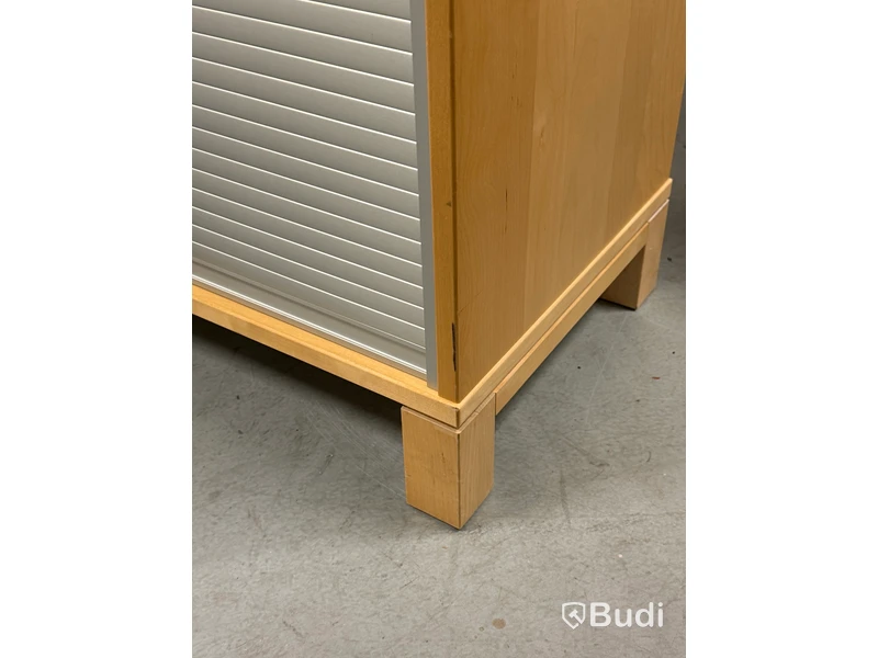 IKEA cabinet with red doors and tambour-door compartment