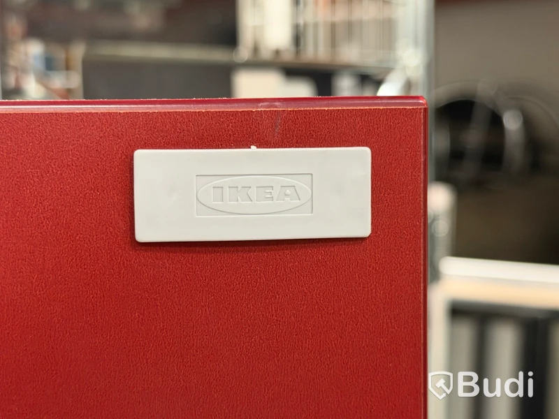 IKEA cabinet with red doors and tambour-door compartment