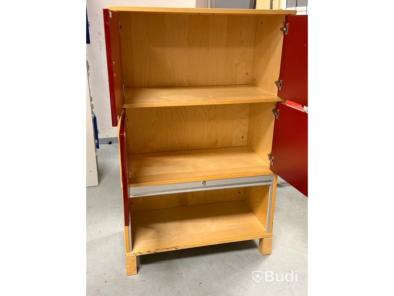 IKEA cabinet with red doors and tambour-door compartment