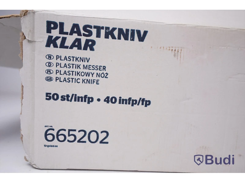 Plastbestick Tingstad genomskinliga gafflar, knivar och cremefärgade gafflar samt plastpåsar