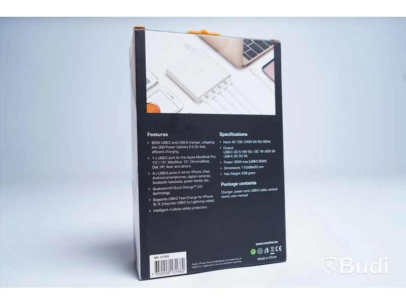 Laddare USB, MacLine Multicharger 80W 1xUSB-C och 4xUSB-A. Ny, Obruten förpackning.