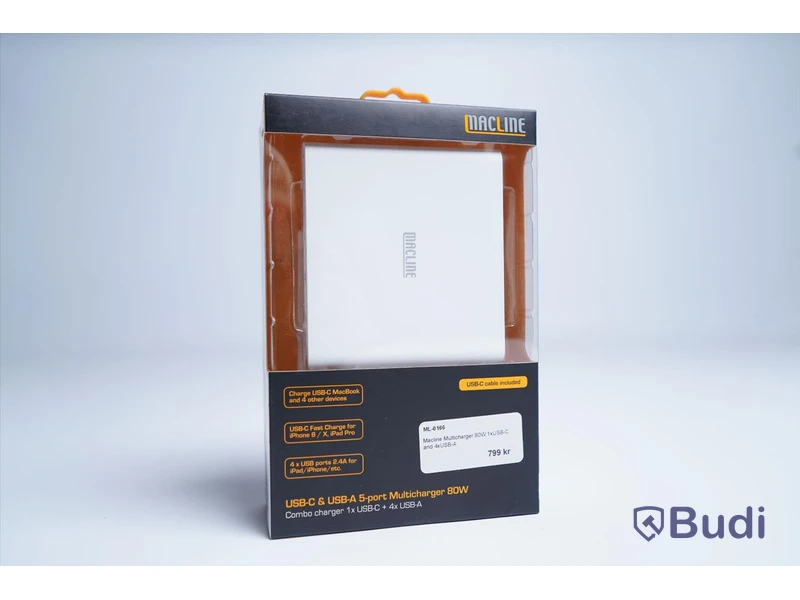 Laddare USB, MacLine Multicharger 80W 1xUSB-C och 4xUSB-A. Ny, Obruten förpackning.