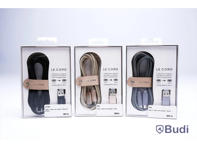 Kabel USB-C inkl adapter - 3 st, grå, guld och svart, Le Cord. Ny, Obruten förpackning.