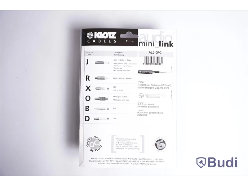 XLR-hona till RCA 8st - Klotz AL-1 Cable 3m. Ny, Obruten förpackning.