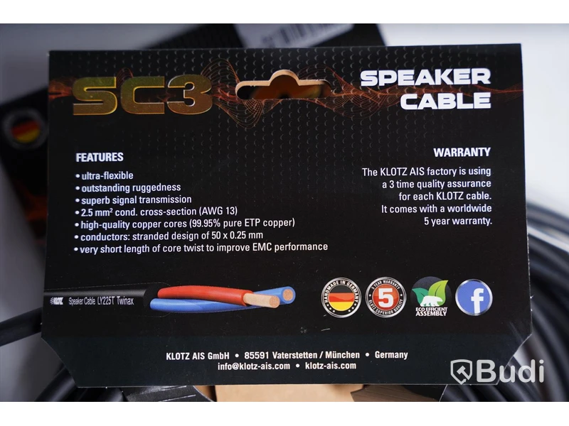 Speakon-kabel 2st - Klotz SC-3 Speaker Cable, 5m. Ny.