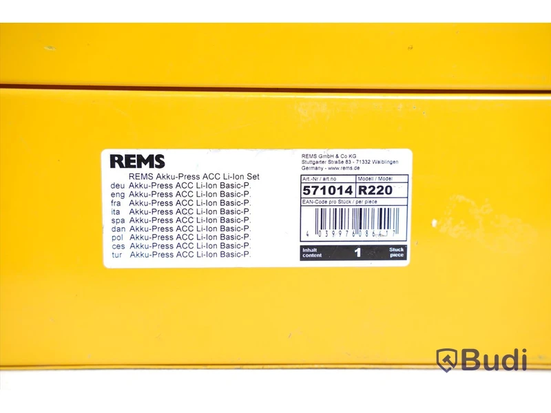 Tryckmaskin Rems R220, Akku-Press ACC Li-lon Basic-P, inkl. tillbehör.