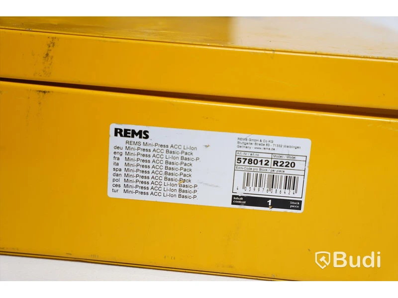 Tryckmaskin Rems modell R220, Akku-Press ACC Li-lon Basic-P, inkl. tillbehör.