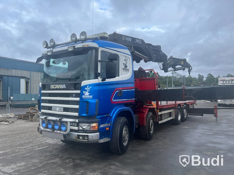 Lastbil Scania R124 8x2 Kranflak | Bodbil Hiab 700 E-6 med Jibb
