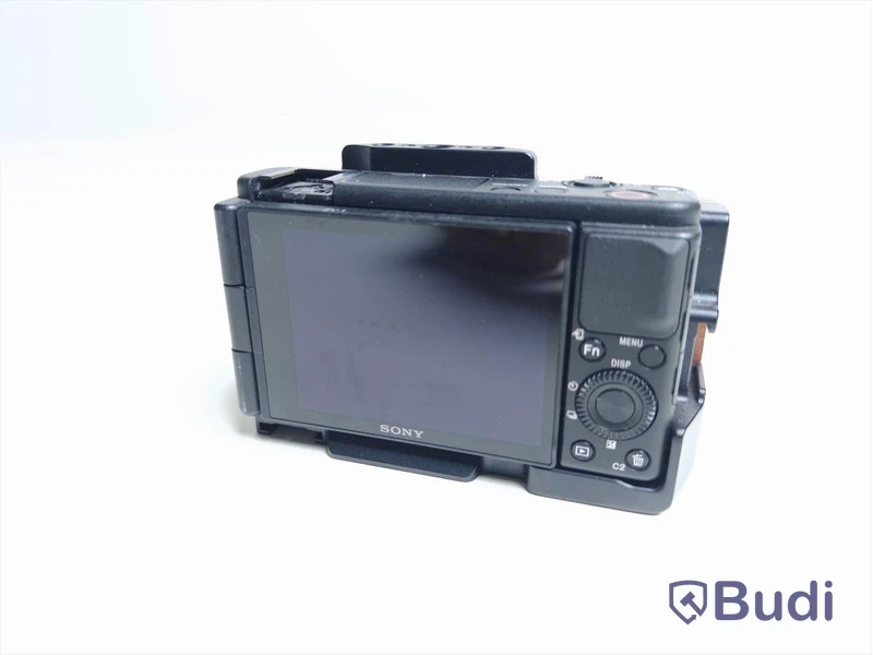Kamera Sony ZV-1 med aluminiumcage med trähandtag och vidvinkeladapter ink batteri