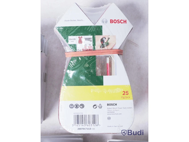 Låda med div slippapper - Bosch, se bilder. Totalt värde ca 1500kr. Ny.