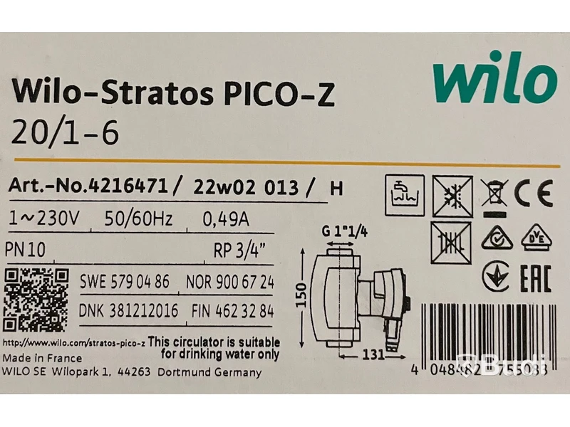 1st NY Cirklationspump för VVC, Wilo Stratos Pico-Z 20/1-6, ord pris ink moms ca: 7500kr