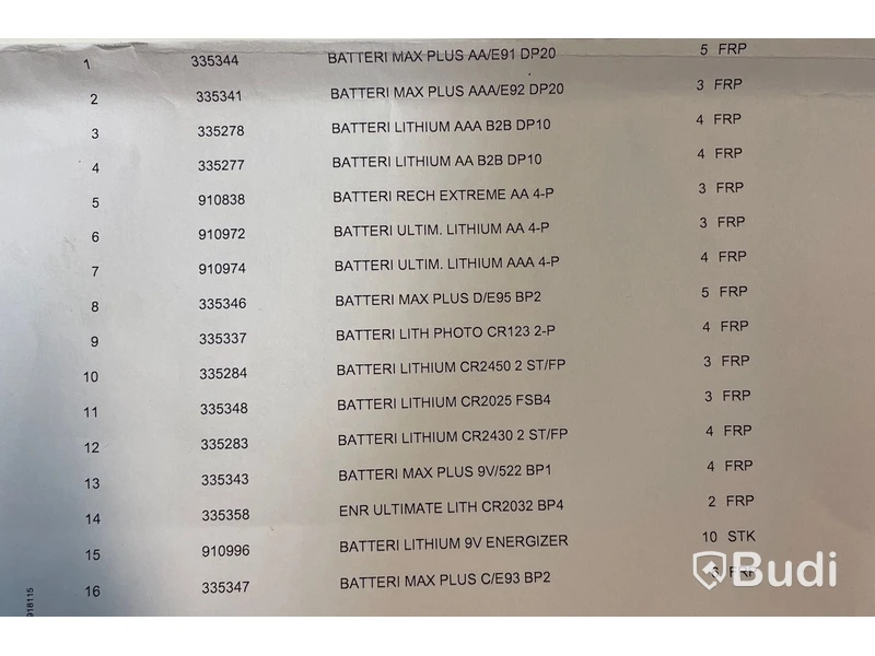 Diverse batterier från märker Energizer, totalt ord. pris ink. moms 2500 kr