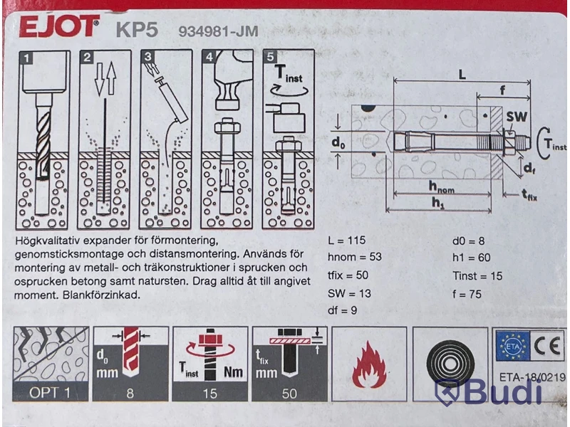 5 st. paket Expanderskruv, Ejot BA-v Plus 8x115/50, totalt ord. pris ink. moms ca: 1800 kr