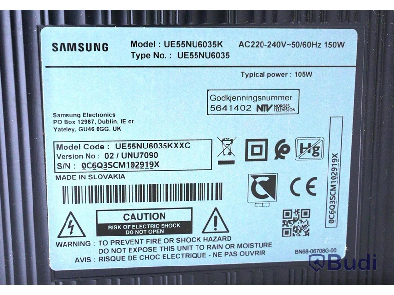 TV-skärm - Samsung UE55NU6035K. OBS! strömkabel och fjärrkontroll saknas.