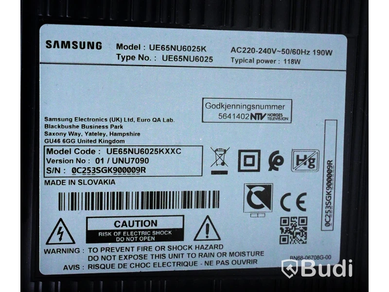 TV-skärm - Samsung UE65NU6025K, OBS! strömkabel och fjärrkontroll saknas