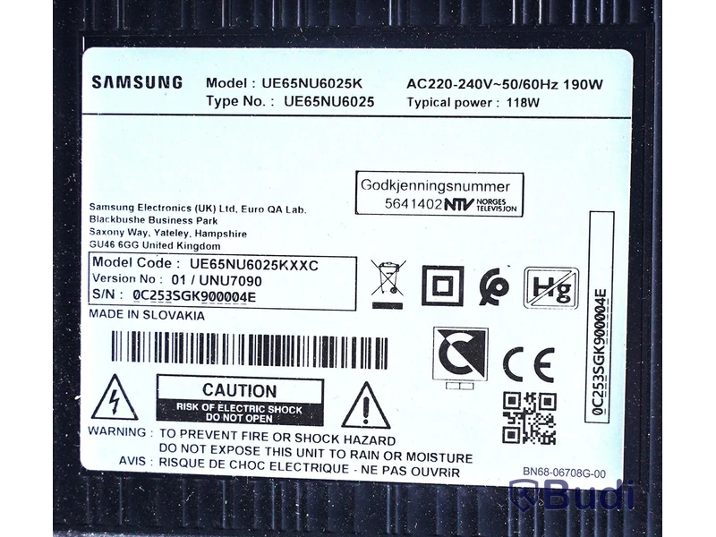 TV-skärm - Samsung UE65NU6025K, OBS! strömkabel och fjärrkontroll saknas