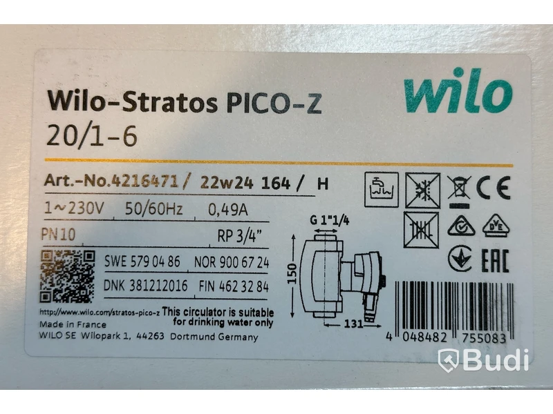 Cirkulationspump WILO Stratos PICO-Z 20/1-6 150, Ord. pris inkl. moms: ca 10700 kr