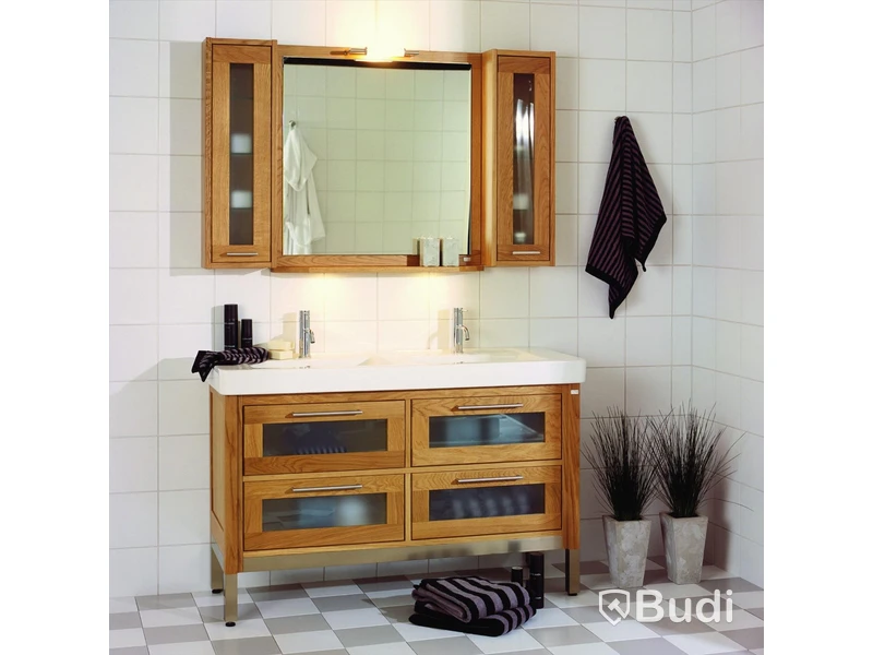 HELMASSIV BADRUMSMÖBEL TIDEN MED VILLEROY & BOCH TVÄTTSTÄLL, SPEGEL OCH VÄGGSKÅP