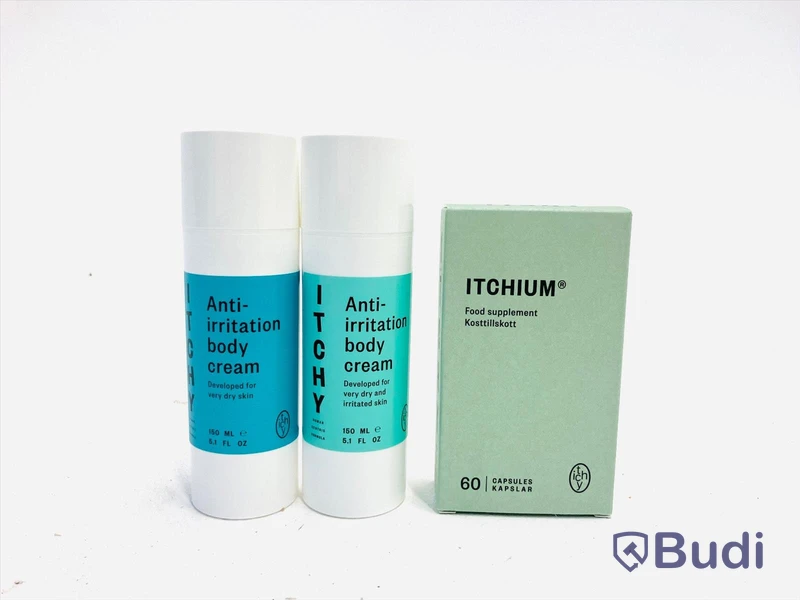 Parti med Kosttillskott & Hudkräm, blandning av parfymerad och oparfymerad, Itchy. Totalt ord. pris inkl. moms: ca 209.000 kr