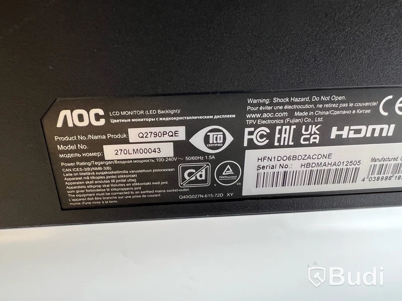 Datorskärm AOC Q2790PQE inkl. strömkabel.