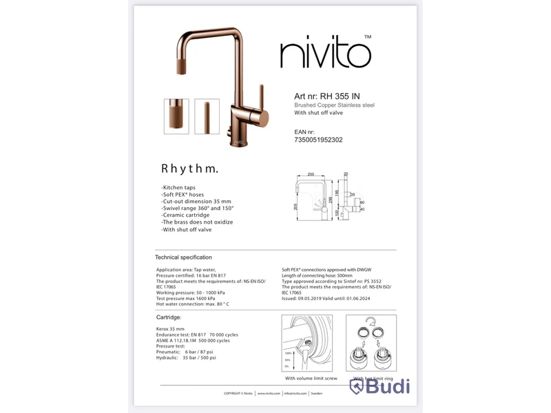 Köksblandare, Nivito Rhythm, RH-355-IN, med diskmaskinsavstängning