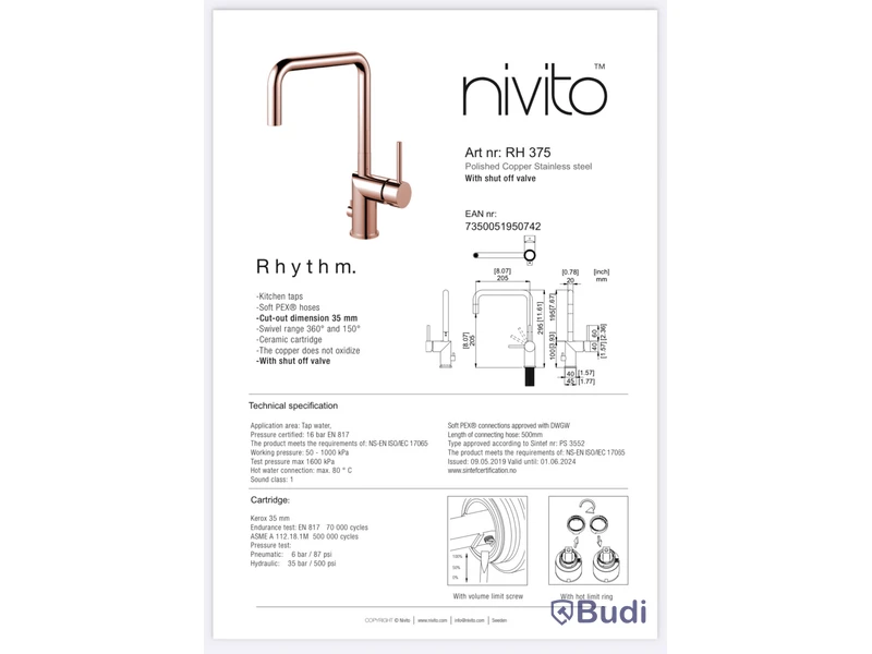 Köksblandare, Nivito Rhythm, RH-375, med diskmaskinsavstängning