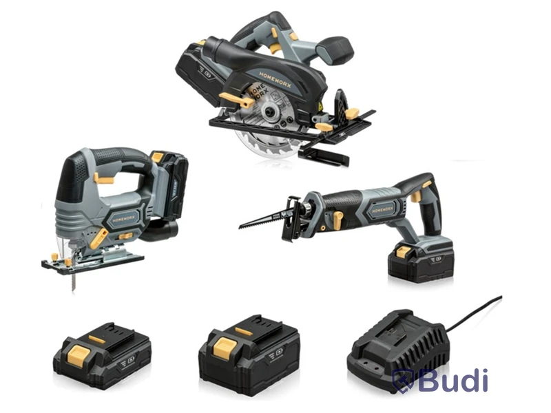 Litet verktygspaket Homeworx, med 3 olika maskiner inkl. 1 st. laddare och 2 st. batterier, samt förvaringslådor till samtliga maskiner