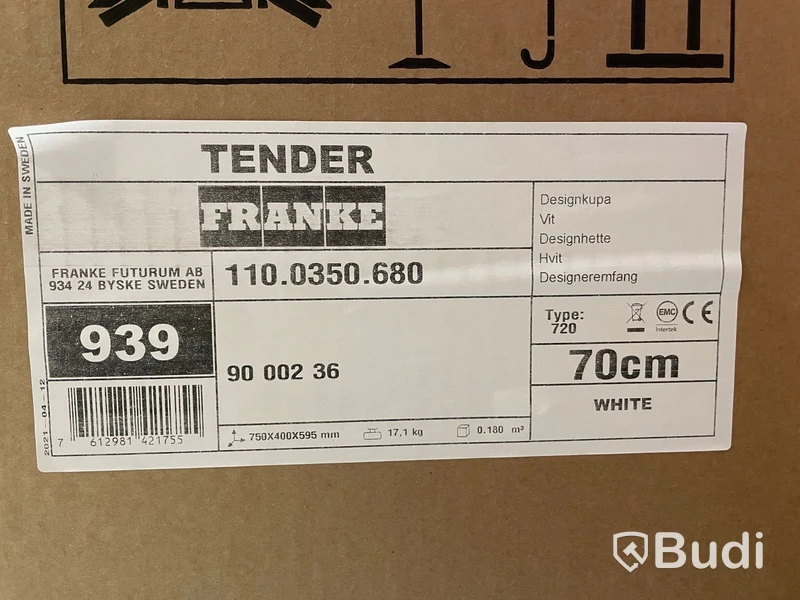1 st Spisfläkt NY - Franke TENDER 70cm vit, Art. Nr: 110.0350.680, Ord. pris ca: 6900 kr