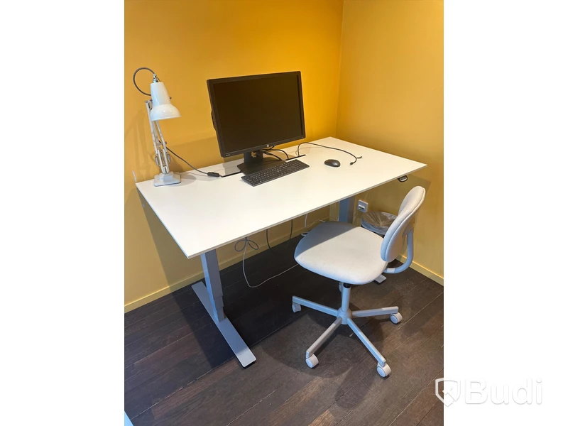 Höj och sänkbart skrivbord, skärm, kontorsstol samt bordslampa - Anglepoise