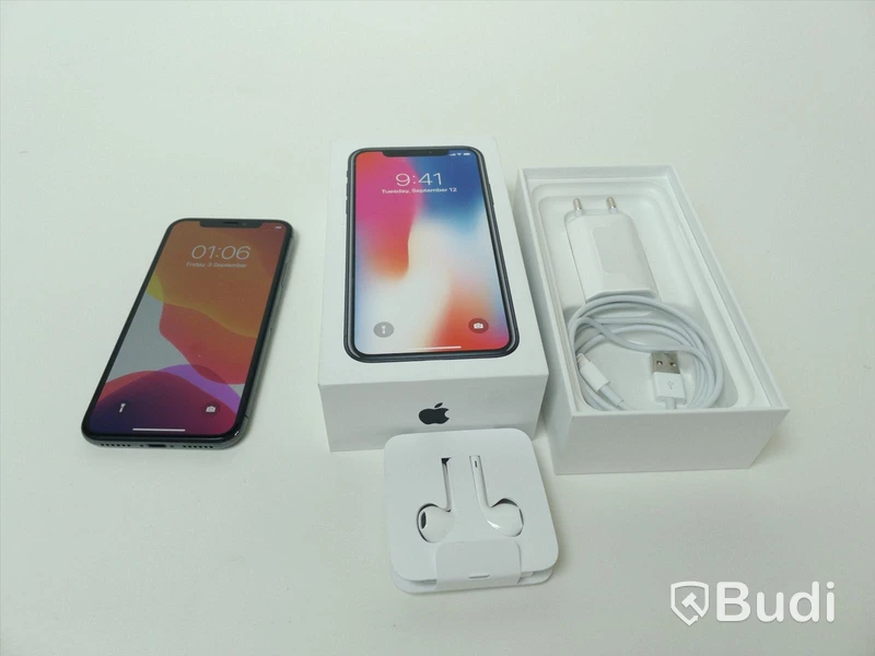 Iphone X, 64 GB med tillbehör 100 procent batterihälsa