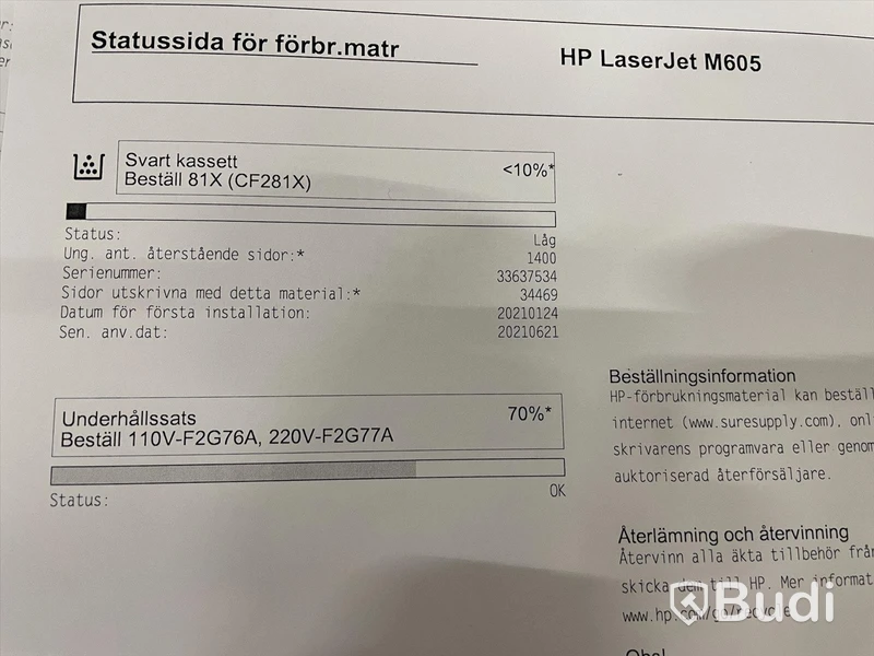 HP Laserjet Enterprise M605, funktionstestad, OBS! Ink ny tonerkasett i obruten förpackning. se extrabilder för status