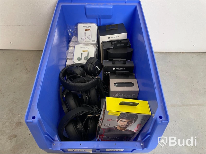 Hörlurar och powerbank - ca 20 st, blandade varumärken (Sonty, Happy plugs, Mophine, Samsung). Retur/reklamation, ej funktionstestad.
