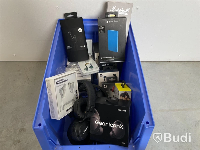 Hörlurar och powerbank - ca 20 st, blandade varumärken (Sonty, Happy plugs, Mophine, Samsung). Retur/reklamation, ej funktionstestad.
