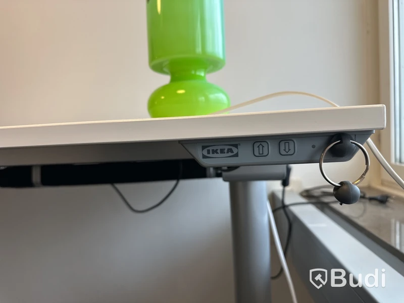 Arbetsplats elektrisk höjbart bord 160 x 80 cm kontorsstol, hurtch, skåp 85 x 43 h 95 cm, lampor, Benq 24 tum skärm hp dockningsstation