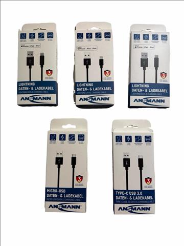 (NY) 5 st Ansmann, 1,2m data-laddkablar, lightning, Type C, Micro usb. Se beskrivning för mer info. Totalt ord. pris inkl. moms ca: 800 kr