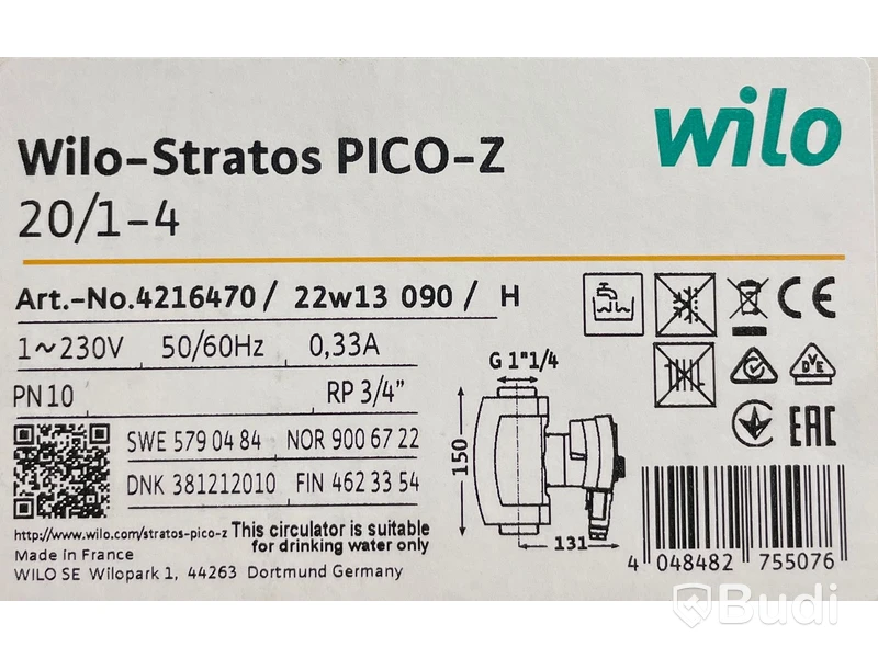 1st NY Cirkulationspump för VVC, Wilo Stratos PICO-Z 20/1-4, Nypris ca: 7000kr
