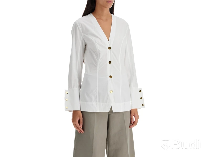 Cotton Poplin V-neck shirt Ganni, vit, stl. 36