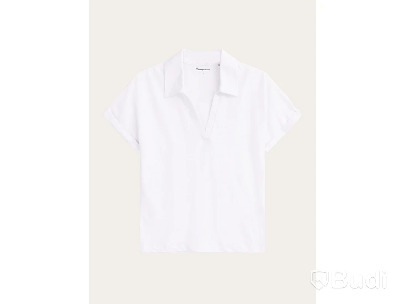 Polotröja Knowledge Cotton Apperal, linen v-neck, vit, stl. M